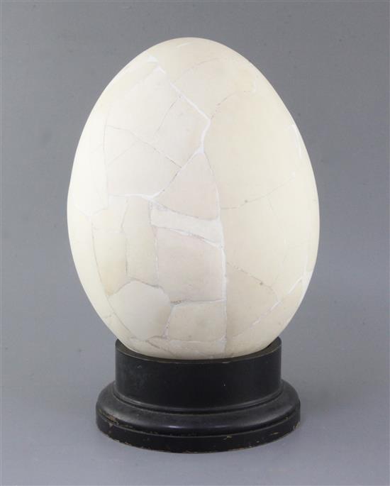 A reconstructed Elephant Bird egg, approximately 31cm, with ebonised wood stand